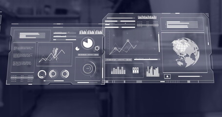 Image of financial data processing over empty office