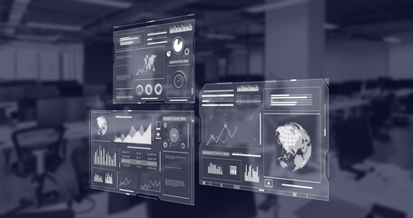 Image of financial data processing over empty office