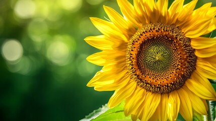 Obraz premium A close-up of a single sunflower with vibrant yellow petals against a blurred green background, capturing the details of the flower's center.