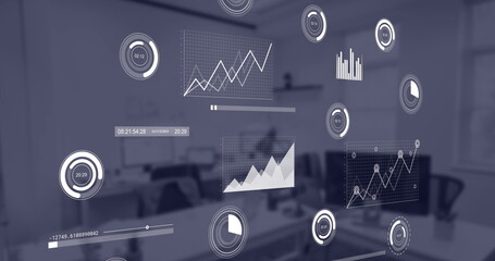 Image of financial data processing over empty office