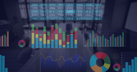 Image of financial data processing over empty office
