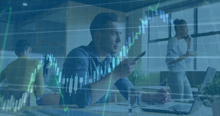 Image of financial data processing over diverse business people in office