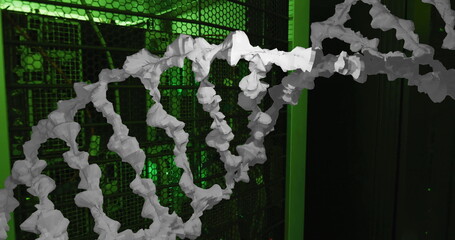 Image of white, textured dna strand over dark computer server room