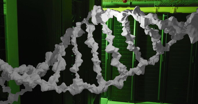 Image of white, textured dna strand over dark computer server room
