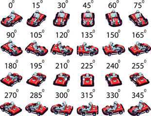 A set of 24 pixel superkart from different angles. Rotation of the kart with driver in pixel art style by 15 degrees for animation.  
