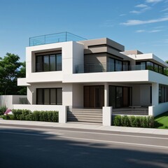 Modern luxury house with a well-manicured lawn..