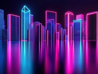 Fototapeta premium Holographic skyscrapers with reflective surfaces, glowing in a neon-lit future cityscape