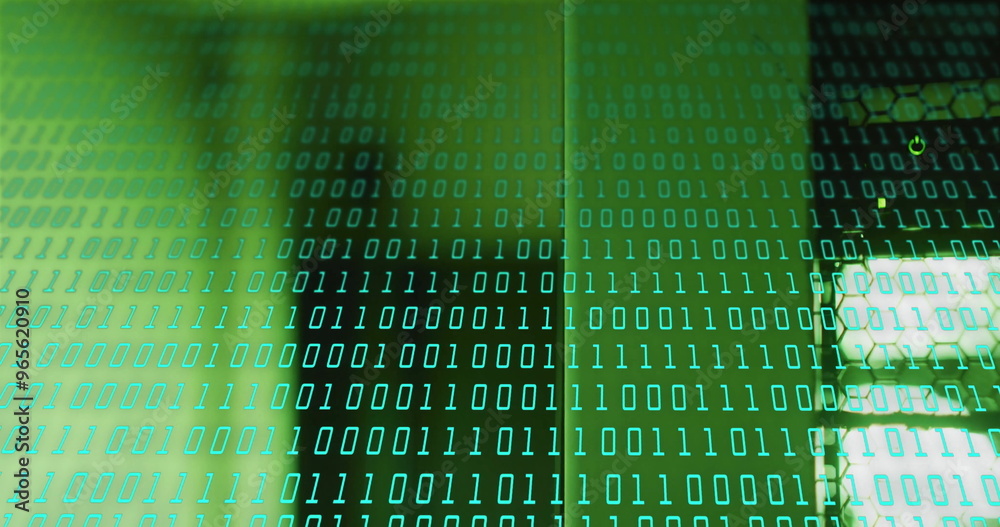 Poster binary code image over shadowy figure in green background