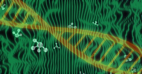 DNA strand and molecular structures over green waves, scientific image