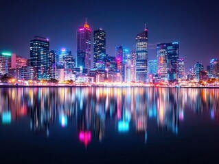 City skyline at night, illuminated windows, reflective river, HDR photography, high contrast