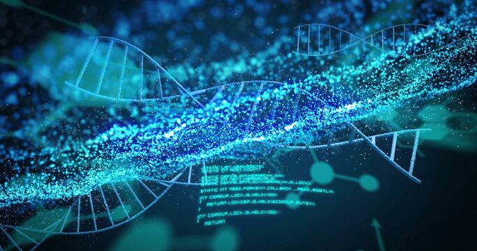 DNA strands and binary coding, scientific data processing image
