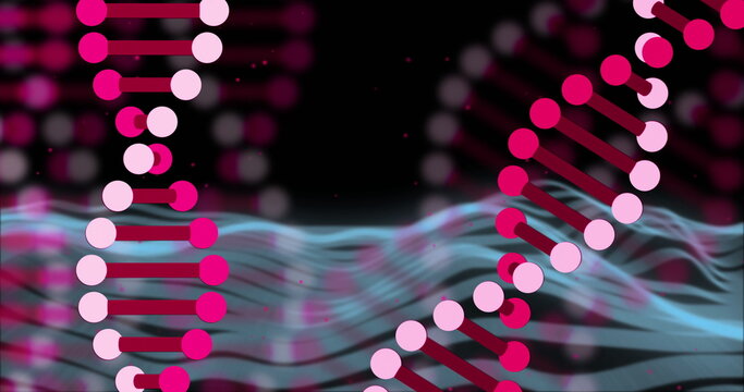 DNA strands and binary coding image over undulating blue waves - Powered by Adobe