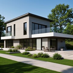 Fototapeta premium Modern luxury house with a well-manicured lawn..