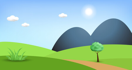 3d landscape mountain and hills illustration with 3d trees, cloud and sun. vector illustration.	