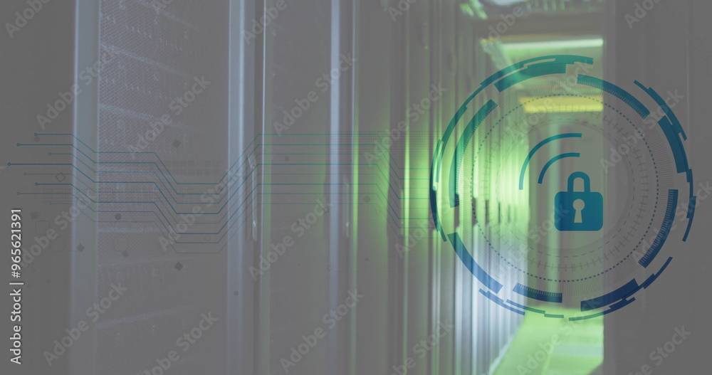 Poster image of padlock and digital data processing over computer servers