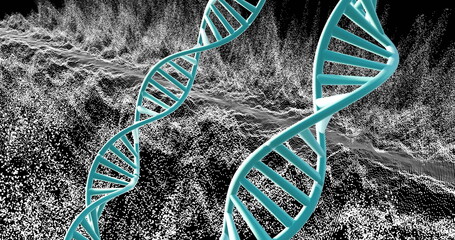 DNA strands and molecular structures over particle wave background