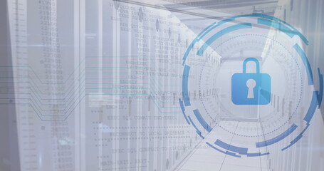 Image of padlock and digital data processing over computer servers