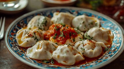 Turkish traditional food ravioli with yoghurt and tomato sauce in plate, manti 
