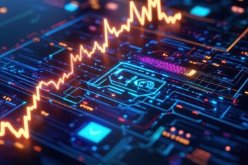 Obraz premium Vibrant digital circuit design with a dynamic graph, illustrating technology and data trends in a high-tech environment.