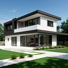 Fototapeta premium Modern luxury house with a well-manicured lawn..