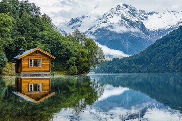 Fototapeta premium A small wooden cottage in front of a snow capped moutain at a beautiful lake with reflection 