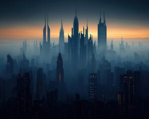 Obraz premium Gothic-style towers in a futuristic city, blending dark fantasy and modern architecture