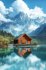 Fototapeta premium A small wooden cottage in front of a snow capped moutain at a beautiful lake with reflection 