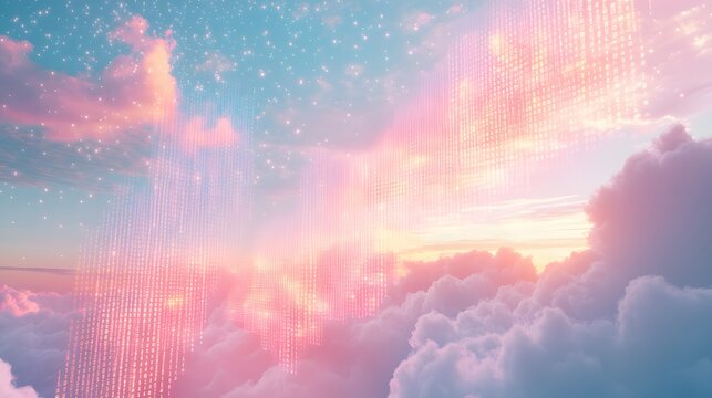 Digital cloud formations in the sky, transforming into streams of binary code, futuristic and abstract, soft pastel colors, gentle sunlight filtering through, mood of seamless integration and future