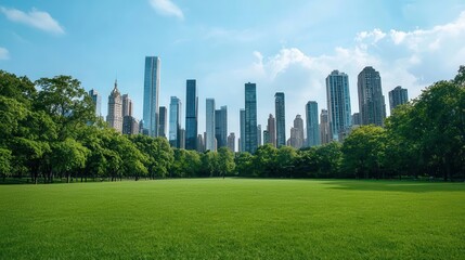 Obraz premium Urban park with skyscrapers in the background, lush greenery, sunny day, realism