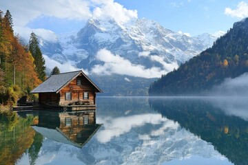 Fototapeta premium A small wooden cottage in front of a snow capped moutain at a beautiful lake with reflection 