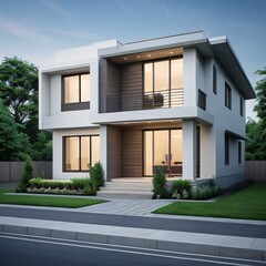 Modern luxury house with a well-manicured lawn..