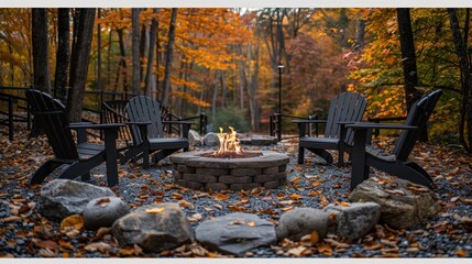 Cozy autumn gathering around a fire pit in a serene forest surrounded by vibrant fall foliage. Generative AI - Powered by Adobe