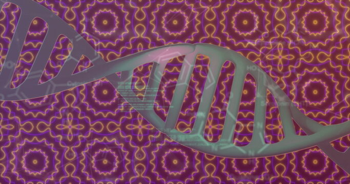 DNA strand and scientific data processing over colorful geometric patterns