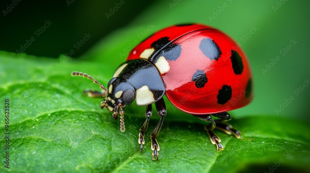 Poster a colorful ladybug crawling on a leaf, with its bright red shell and black spots standing out agains