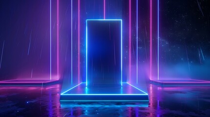Futuristic neon doorway surrounded by glowing lights, creating a captivating atmosphere of technology and adventure. Stage for product presentation.