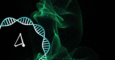 DNA strand and abstract green digital waves, scientific data processing image