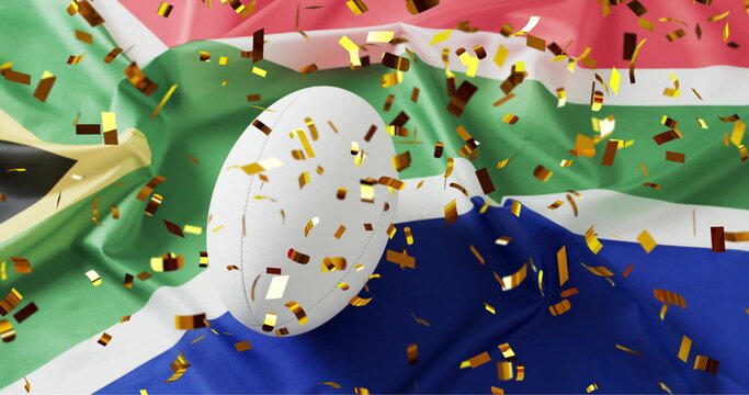 Image of confetti over white rugby ball and flag of south africa - Powered by Adobe