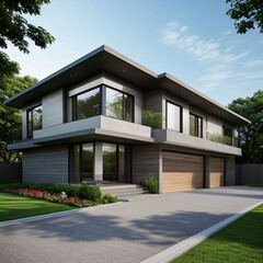 Fototapeta premium Modern luxury house with a well-manicured lawn..