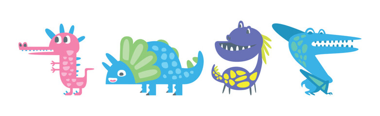 Cute Dinosaur Beast and Animal in Doodle Style Vector Set