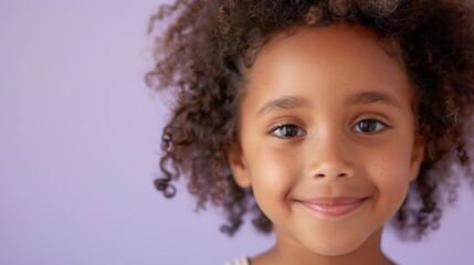 Cheerful child portrait on a soft purple background, reflecting a positive school theme