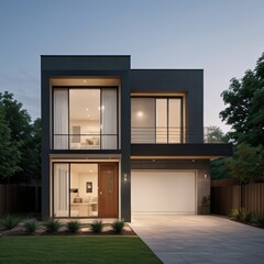 Modern luxury house with a well-manicured lawn..