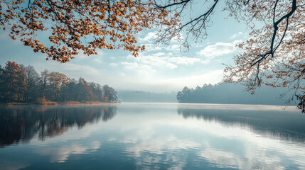 Obraz premium A serene lakeside view captured in a photograph, showcasing a peaceful and calming scene. Generative AI