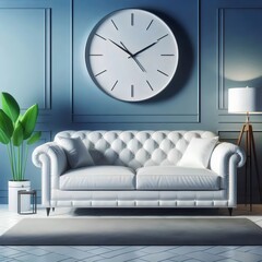 Home design. Living room with a white sofa and a large clock on the wall. 3D illustration.