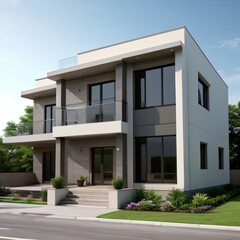 Fototapeta premium Modern luxury house with a well-manicured lawn..
