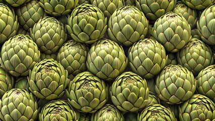 Fototapeta premium Artichoke arrangement, fresh and vibrant, showcasing natural shapes and textures, against a soft light background with copy space