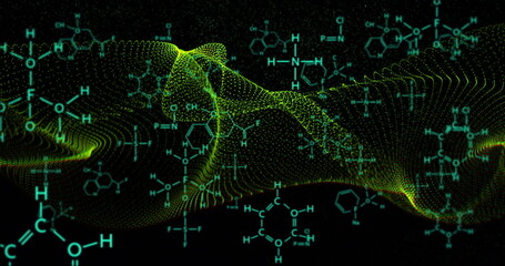 Chemical structures and molecular bonds over dynamic green wave image