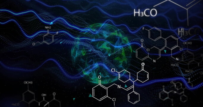 Chemical formulas and molecular structures over abstract digital globe and blue waves
