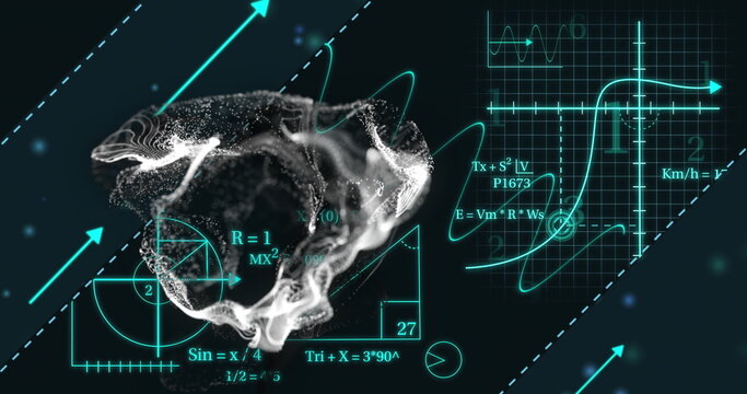 Mathematical formulas and graphs over 3D skull model, scientific analysis concept - Powered by Adobe