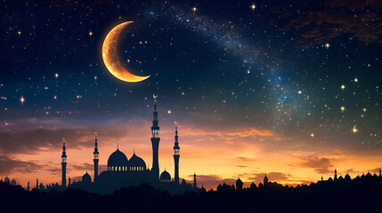 A tranquil night sky filled with stars and a crescent moon on 12 Rabi al Awwal for Eid Milad un Nabi