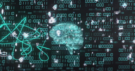 Brain image with binary code and data processing symbols over digital background